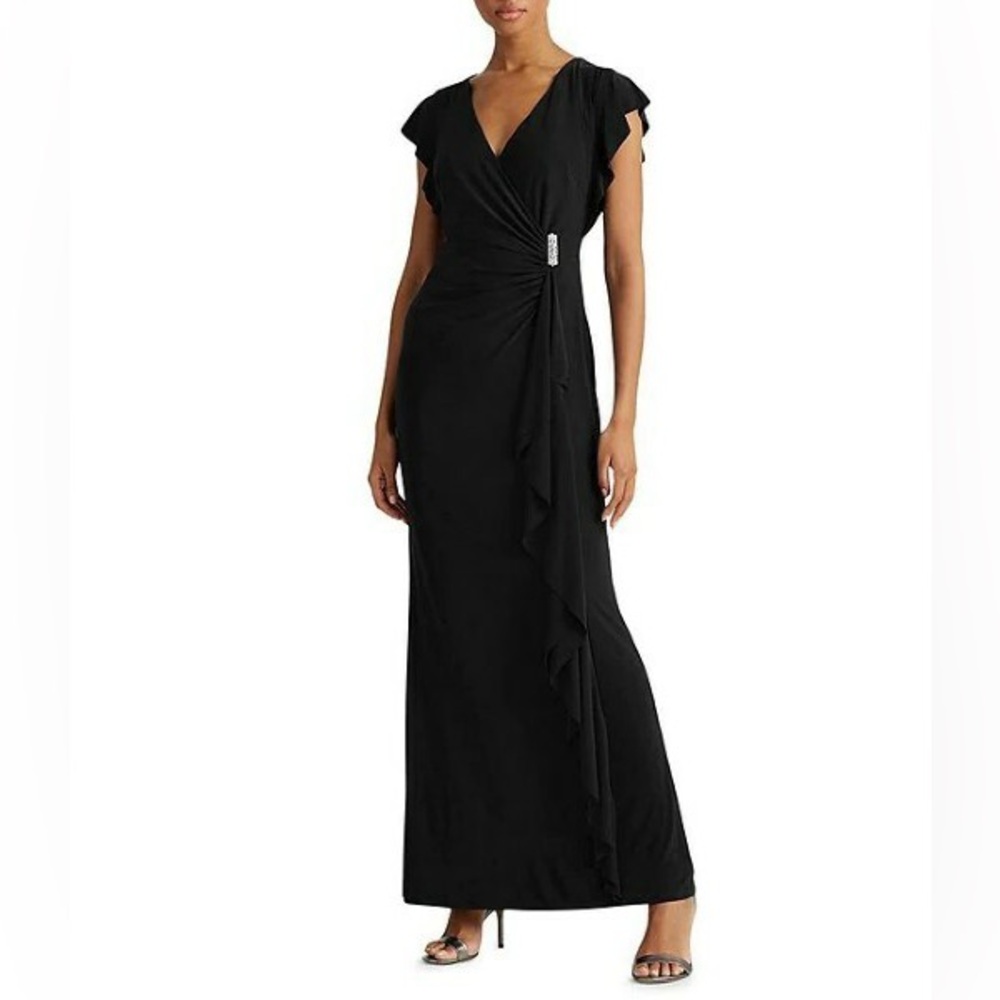 NWT. Lauren Ralph Lauren Flutter Sleeve Surplice V-Neck Faux Wrap Black Gown. 4